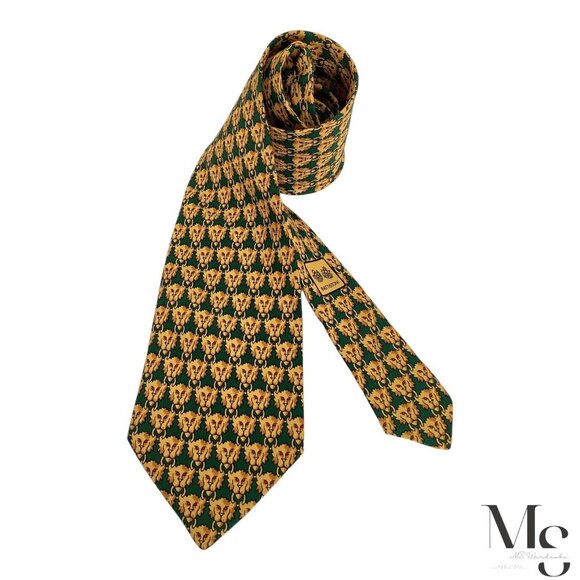 BATTISTONI XL BAT 948 Green Yellow Lion Head Print Silk Tie Italy W:3.75" EX CD - Picture 1 of 7